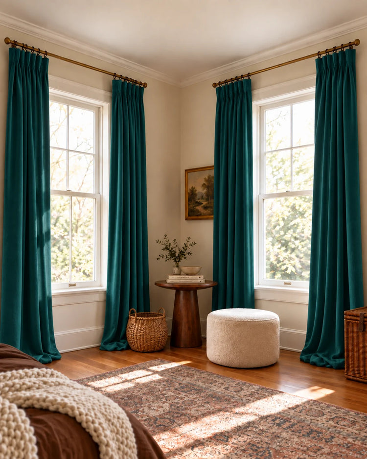 Moonlit 4 Layers Heavyweight Soundproof Thermal 100% Blackout Velvet Custom Curtain in Teal, open curtains.