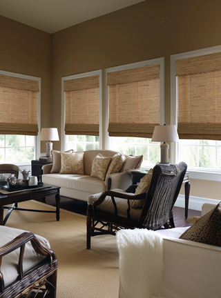 Living room with beige walls, large windows, and decorative pillows.