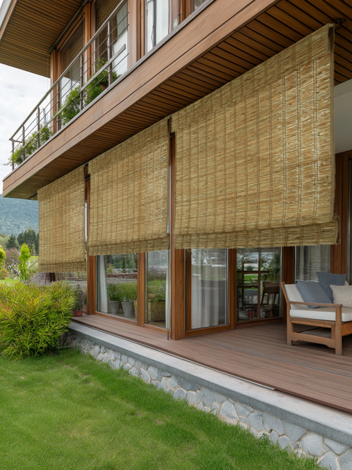 Brown woven blind covering a window in a living room with a coffee table and sofa.