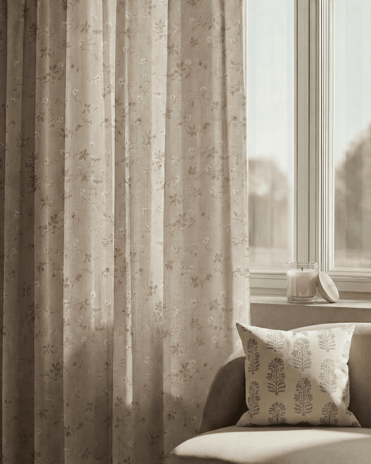 Whisper Linen Blend floral patterned custom curtain with textured linen fabric hanging by a window in a neutral room.