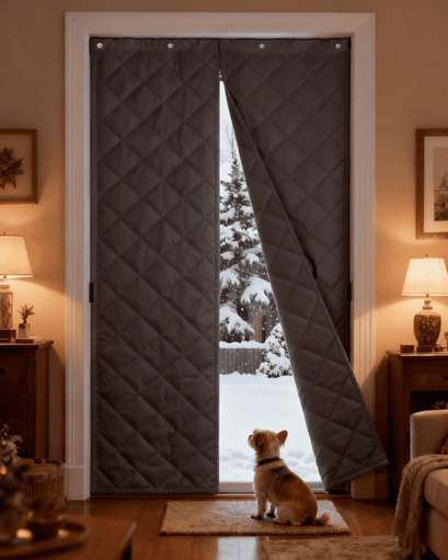 Dark brown quilted Oxford thermal insulated magnetic door curtain, partially open to a snowy winter scene, a small dog looking outside.