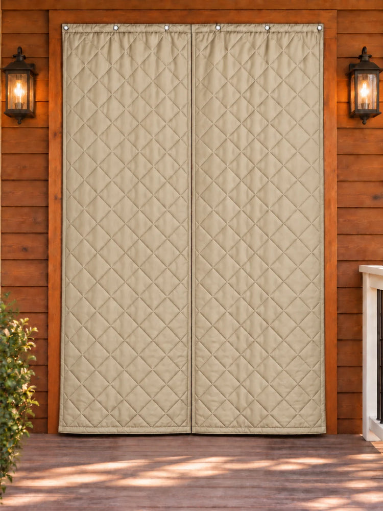 Oxford Thermal Insulated & Soundproof Custom Magnetic Door Curtain in Camel, magnetic door curtain shown closed.