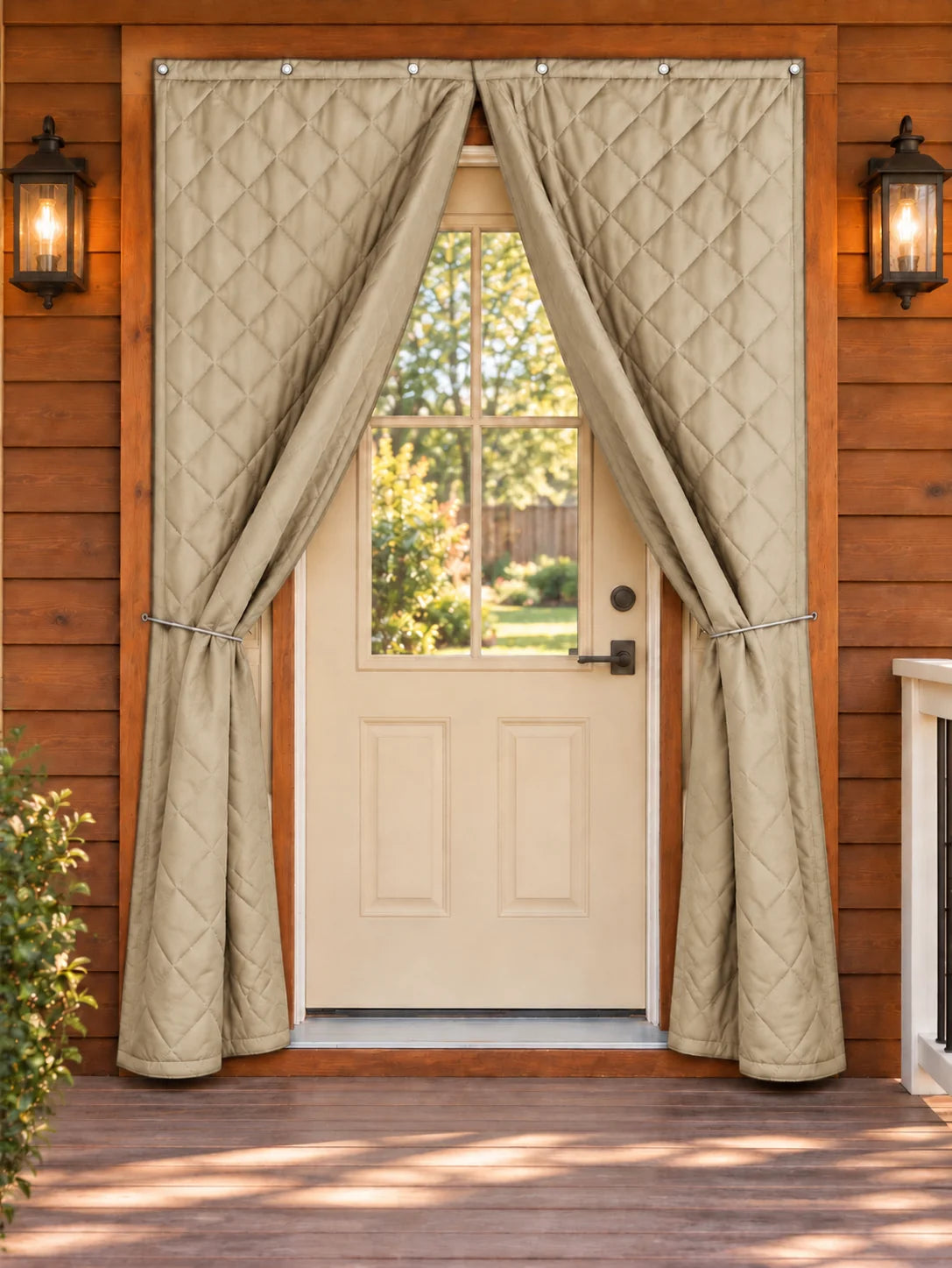 Oxford Thermal Insulated & Soundproof Custom Magnetic Door Curtain in Camel, magnetic door curtain shown open.