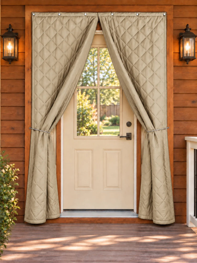Oxford Thermal Insulated & Soundproof Custom Magnetic Door Curtain in Camel, magnetic door curtain shown open.