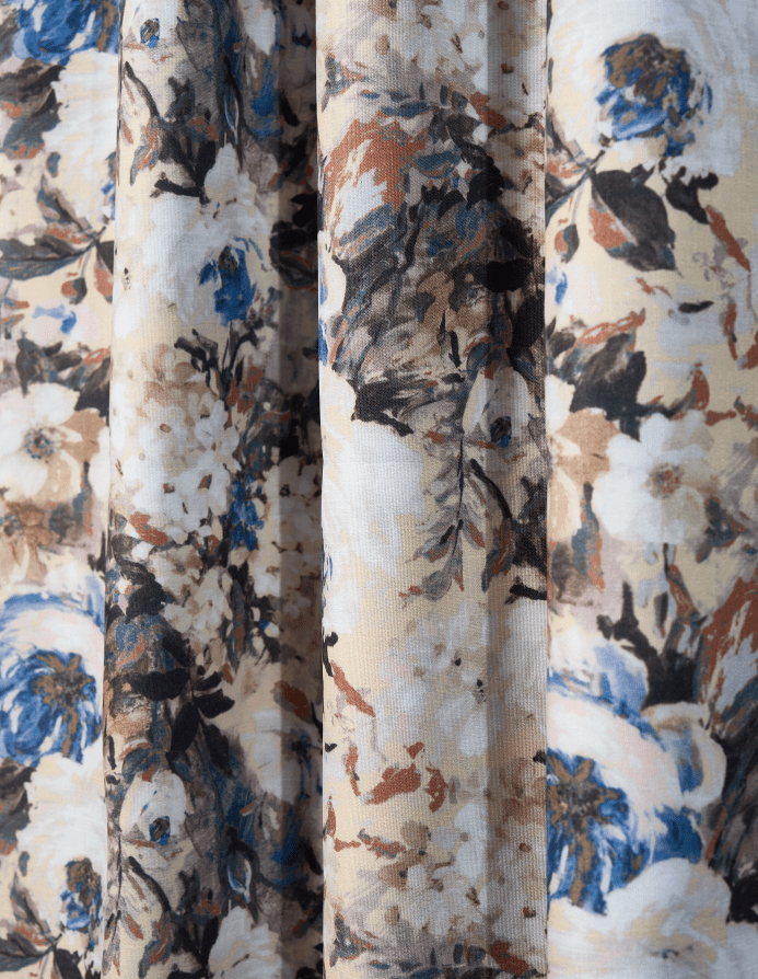 Canvas velvet floral fabric swatch with blue and beige flowers, perfect for luxury custom made-to-measure drapery.