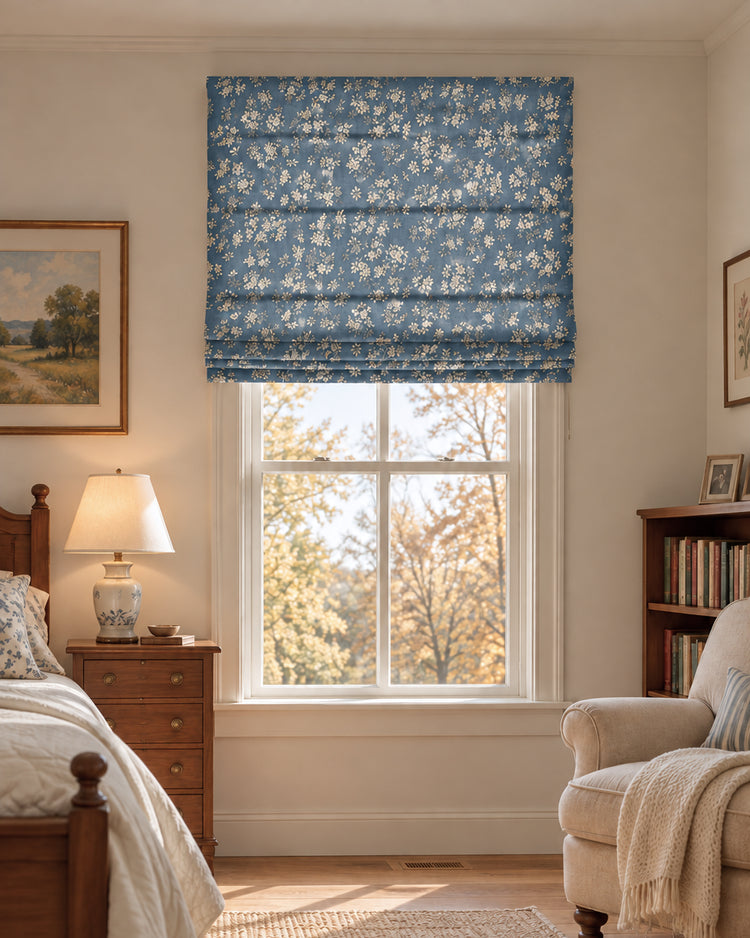 TheHues Haven Flat Fold Floral Cordless Custom Roman Shade — Deep blue, image 1