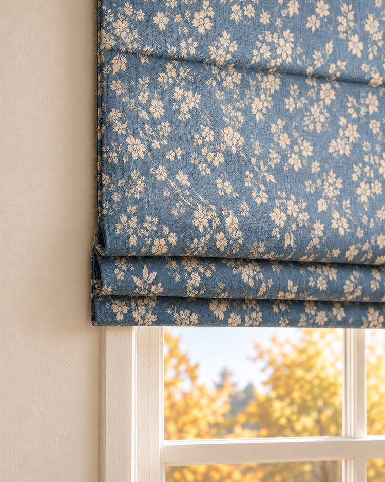 TheHues Haven Flat Fold Floral Cordless Custom Roman Shade — Deep blue, image 2