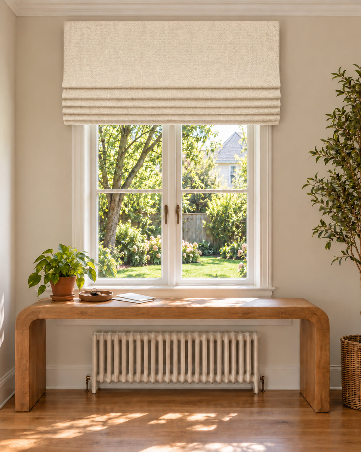 TheHues Zoe Flat Fold Linen Look Cordless Custom Roman Shade — Ivory White, image 1