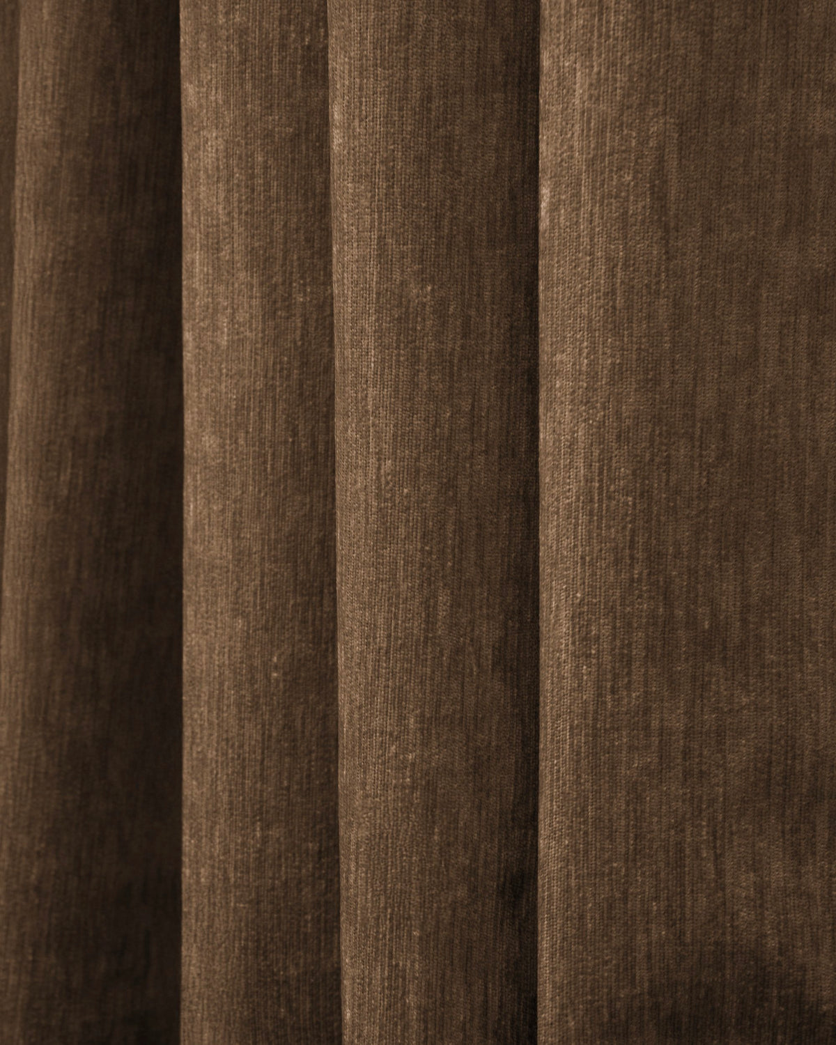 Rich brown OEKO heavyweight velvet custom blackout curtain, close-up with soft pleats showcasing plush texture.