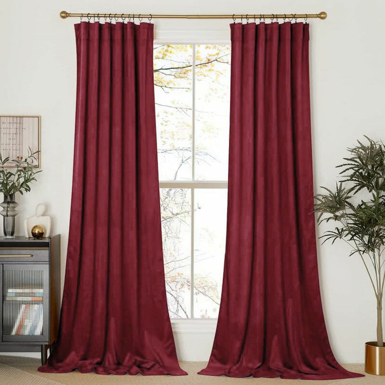 Classic deep red velvet custom curtains, tailored for high-end home decor, offering elegant privacy and light control.