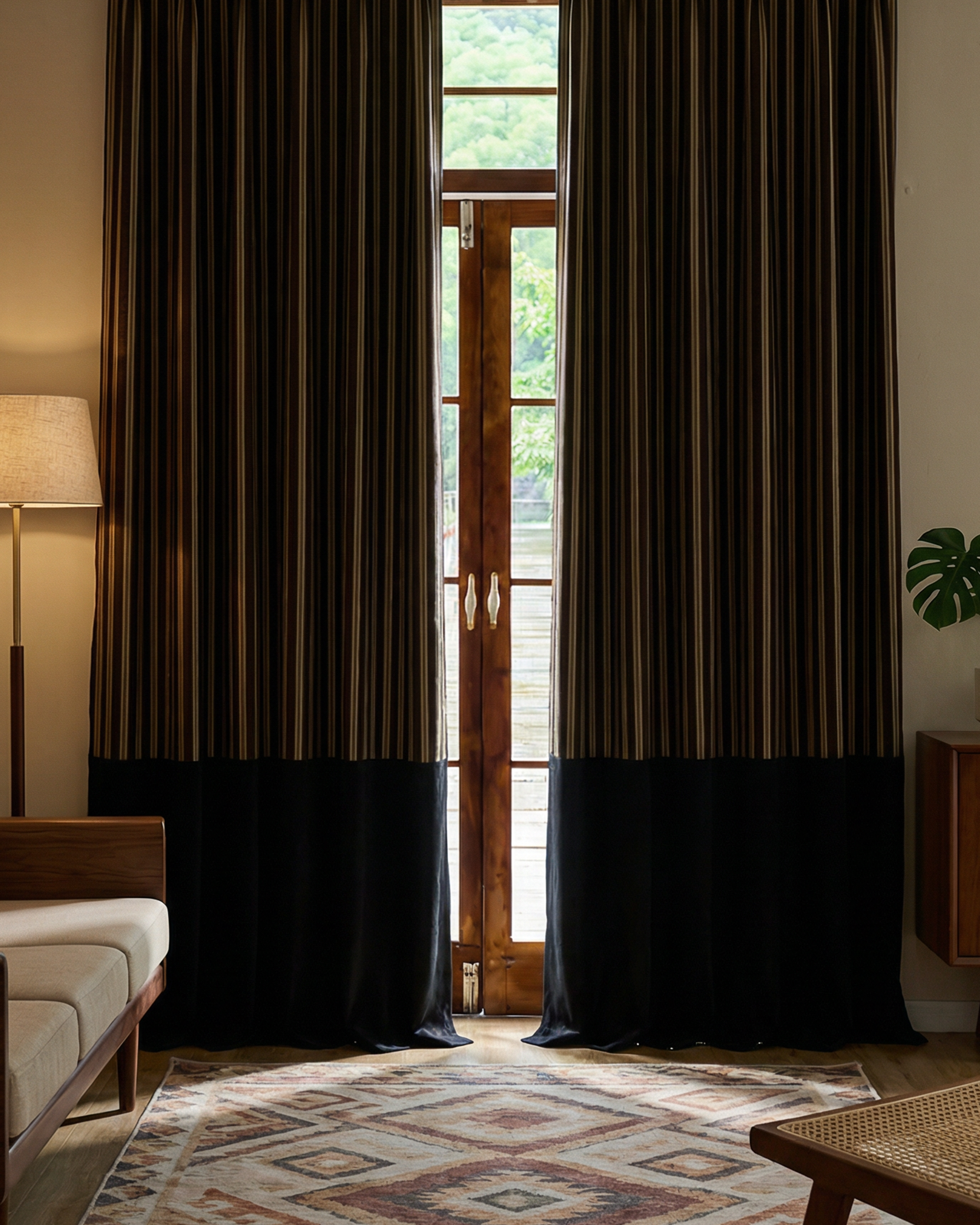 Renee 4 layers Soundproof Thermal Striped Linen Velvet Color Block Custom Curtain