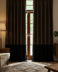 Renee striped linen and black velvet color block custom curtains with 4-layer soundproof thermal insulation.