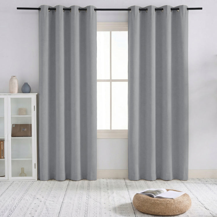 TheHues Sally light gray linen blend blackout custom curtains, pinch pleat style, providing light control & privacy for a home.
