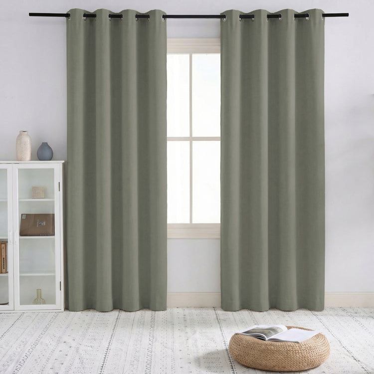 Custom sage green linen blend blackout drapery with elegant pinch pleat header, full-length, complementing modern home decor.
