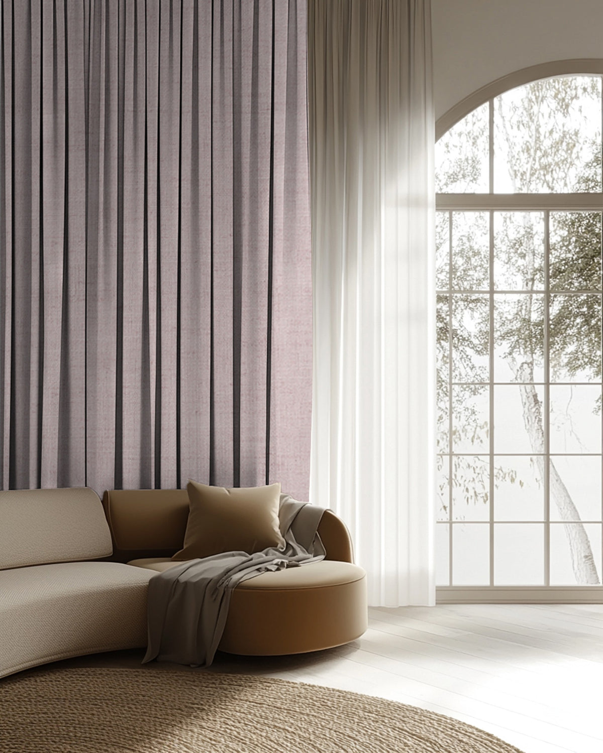 Sally Linen Blend Custom Curtain in a muted lavender shade next to sheer white custom window treatments in a bright living room with a sofa.