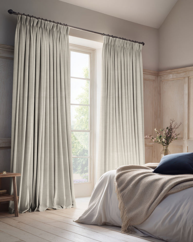 Elegant Sally 100% Blackout Linen Blend Custom Curtains in a bedroom, fully drawn for optimal light control and privacy.