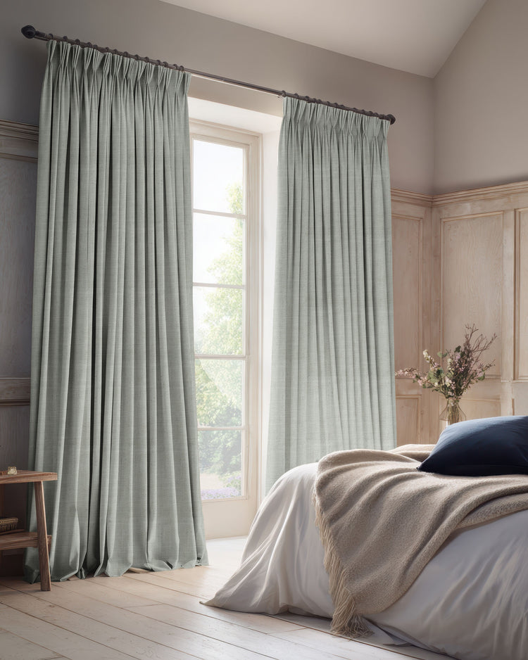 Sally 100% blackout linen blend custom curtains in light grey, expertly tailored with pinch pleat header for elegant bedroom privacy.