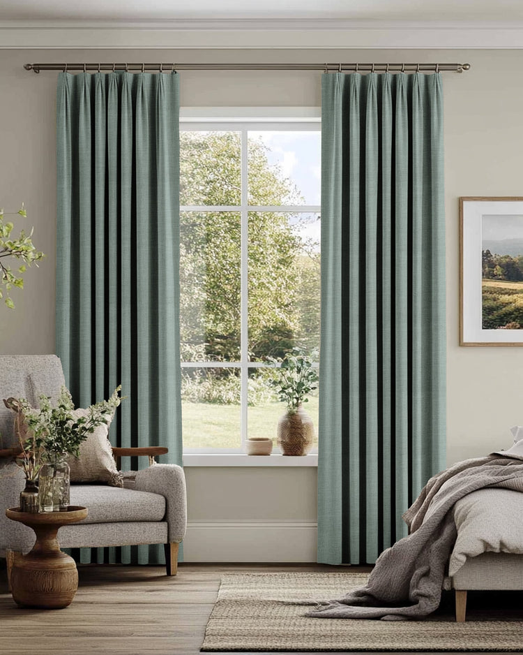 Sally Linen Blend custom drapery in sage green, with elegant pinch pleat header, framing a window for tailored light control and home aesthetics.