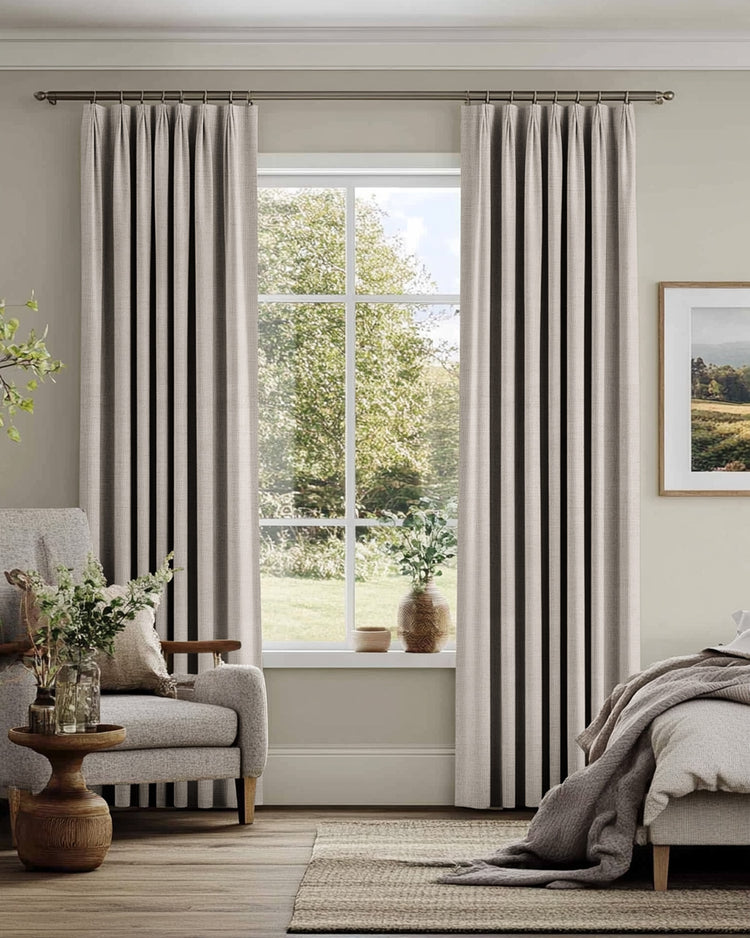 Tailored beige Sally Linen Blend Custom Curtains with pinch pleats on a large window, enhancing a sophisticated bedroom's light control.