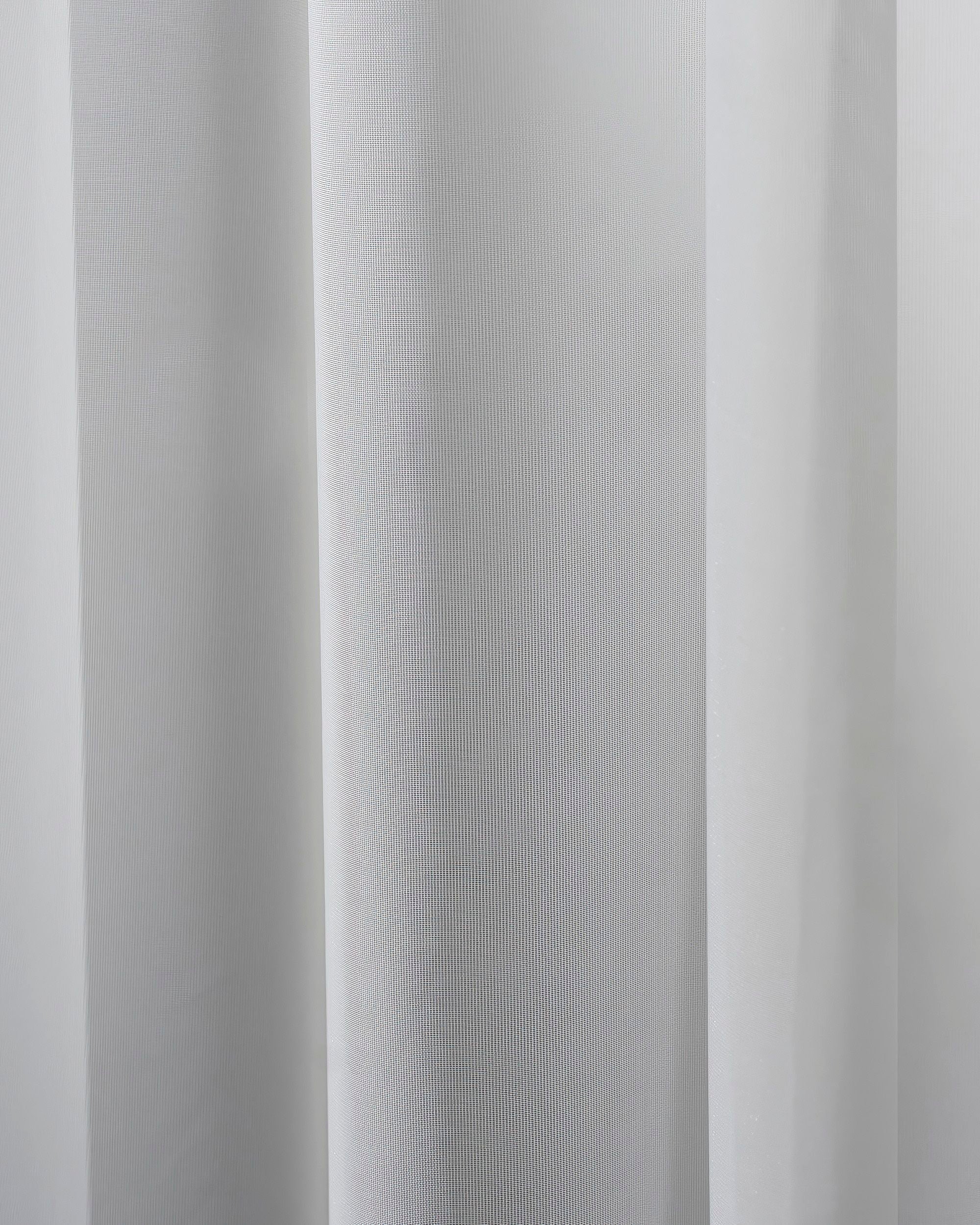 Light gray custom outdoor sheer curtain fabric detail, showcasing its fine Scottish weave, elegant drape, and light-filtering texture.