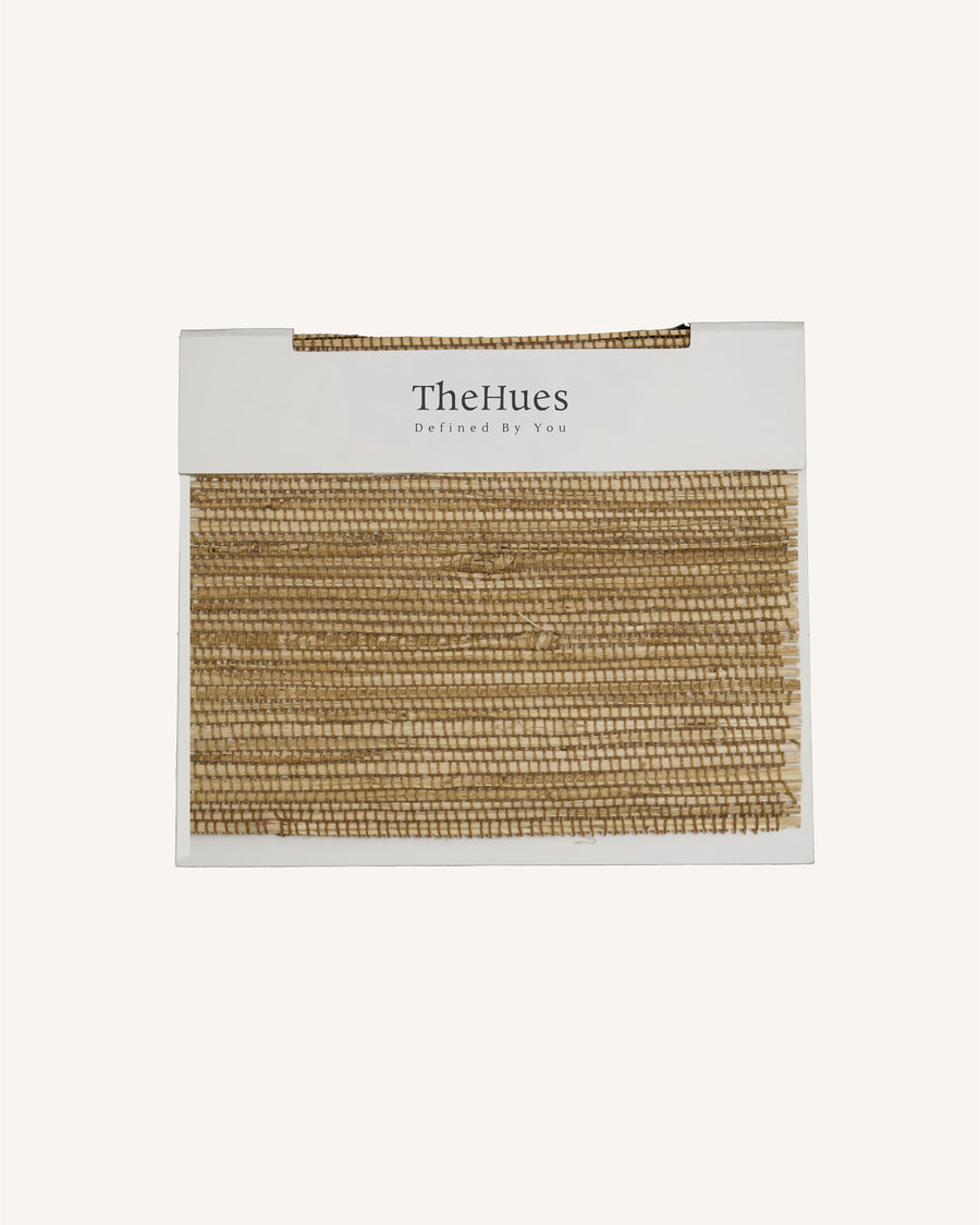 TheHues Mia Jute Woven Shade fabric swatch in Sand, showcasing textured, rustic weave for custom window treatments.