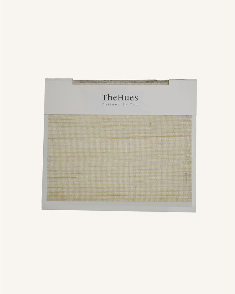 TheHues Yuki Linen Woven Shade Fabric swatch for custom window treatments, showcasing light, textured weave and natural white tone.