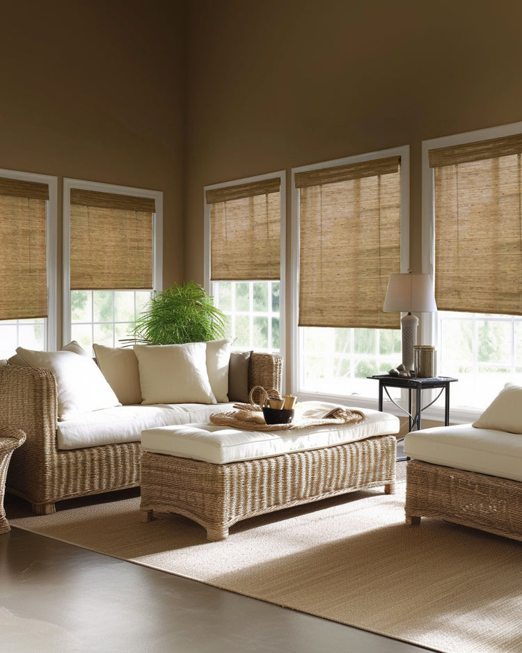 Mia Jute Woven Shades in straw color on multiple living room windows, providing rustic elegance and natural light control.
