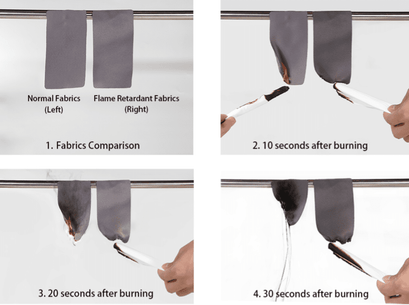 30-second burn test comparing normal curtain fabric on the left with Frisian flame retardant fabric on the right at 10, 20 and 30 seconds