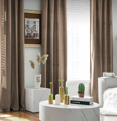 Rich brown custom velvet curtains, precisely tailored for elegant window treatments, providing sophisticated light control and privacy.