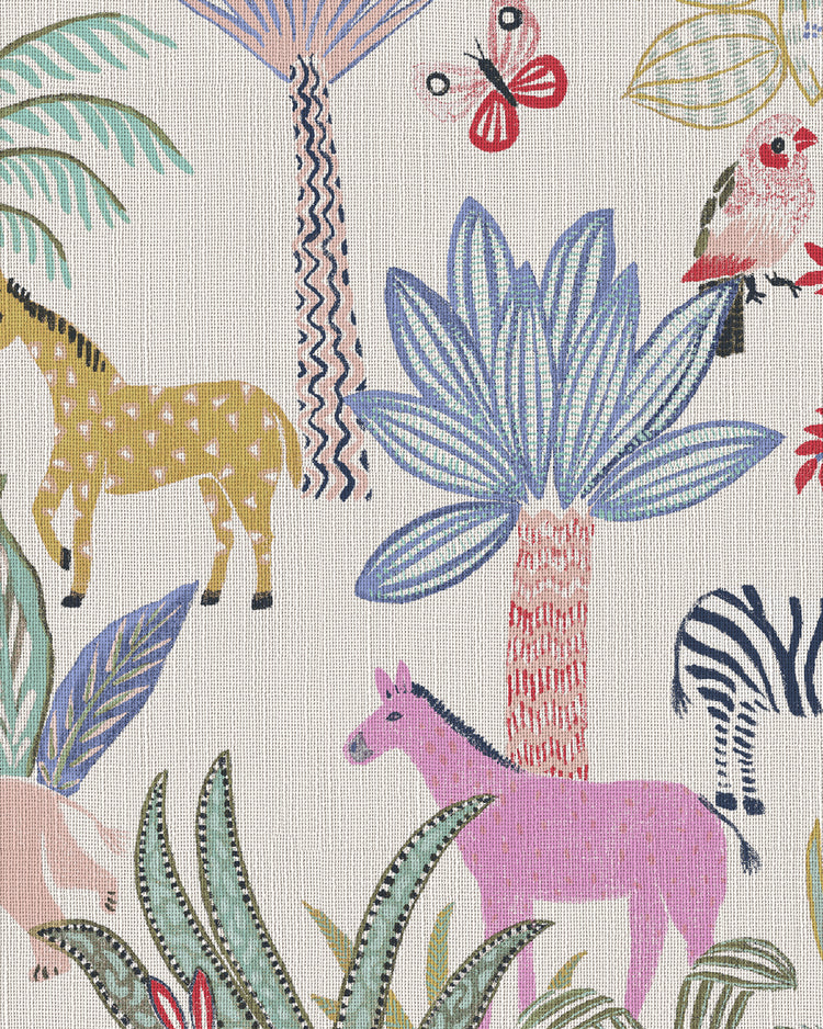 Close-up of custom kid's curtain fabric with a vibrant tropical jungle pattern: giraffe, pink horse, zebra, bird, butterfly, palms.