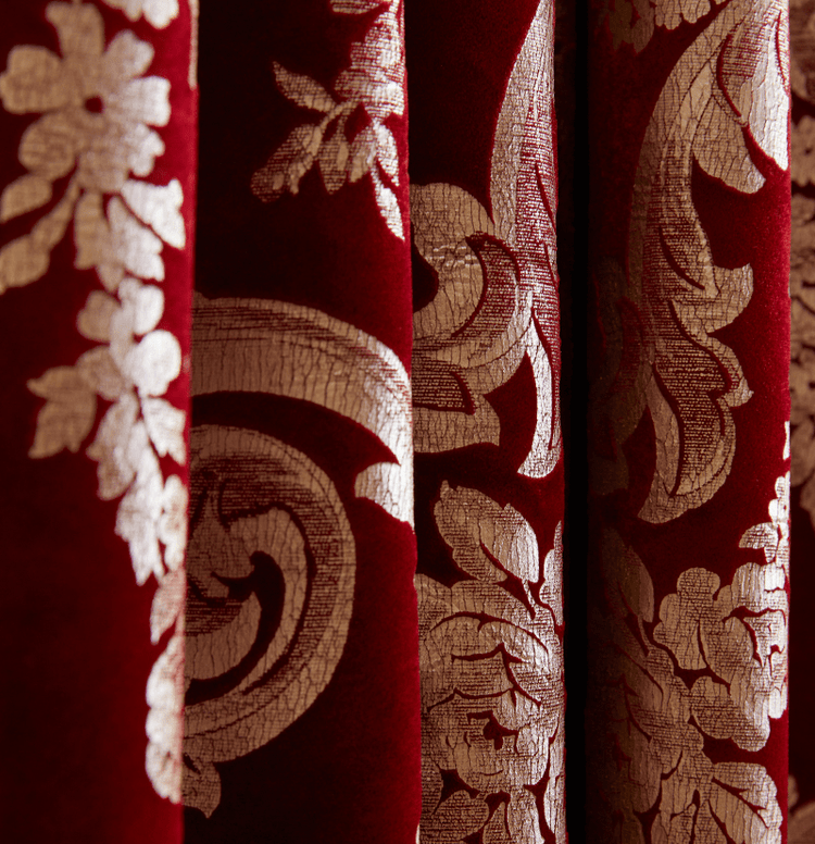 Tuscany deep red foil printed velvet custom curtain showcasing exquisite gold floral patterns & luxurious texture.