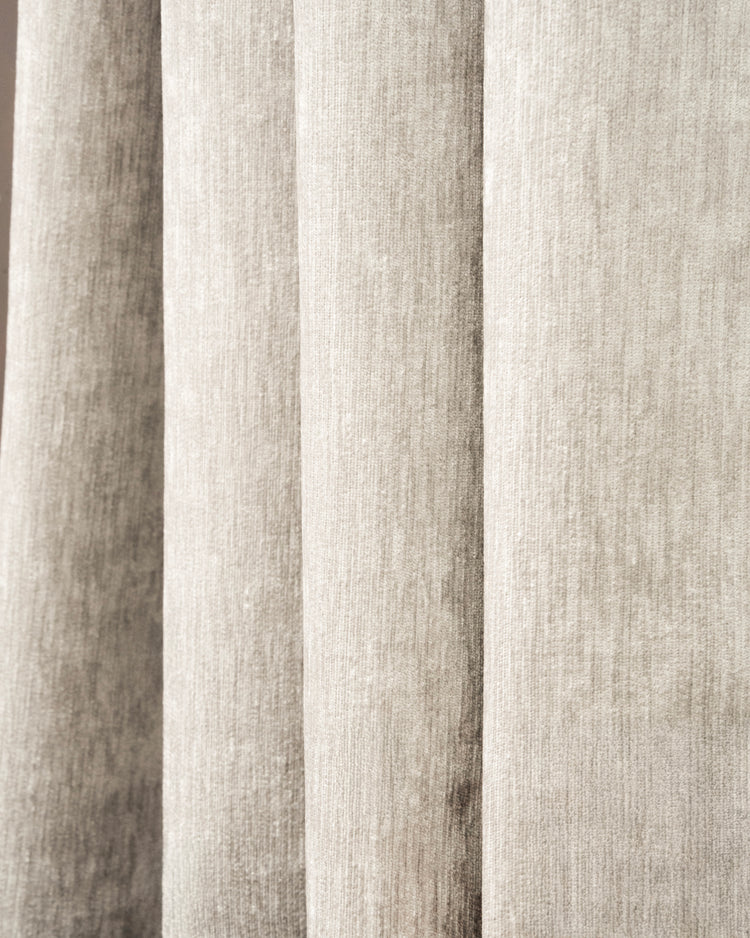 Textured heavyweight Venetian Linen Blend custom curtain fabric, close-up detailing a neutral color and elegant drape for window treatments.