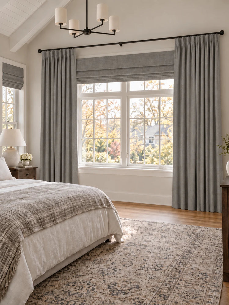 Victoria 4 Layers OEKO Heavyweight Soundproof Thermal 100% Blackout Linen Custom Curtain in Ash, open curtains.