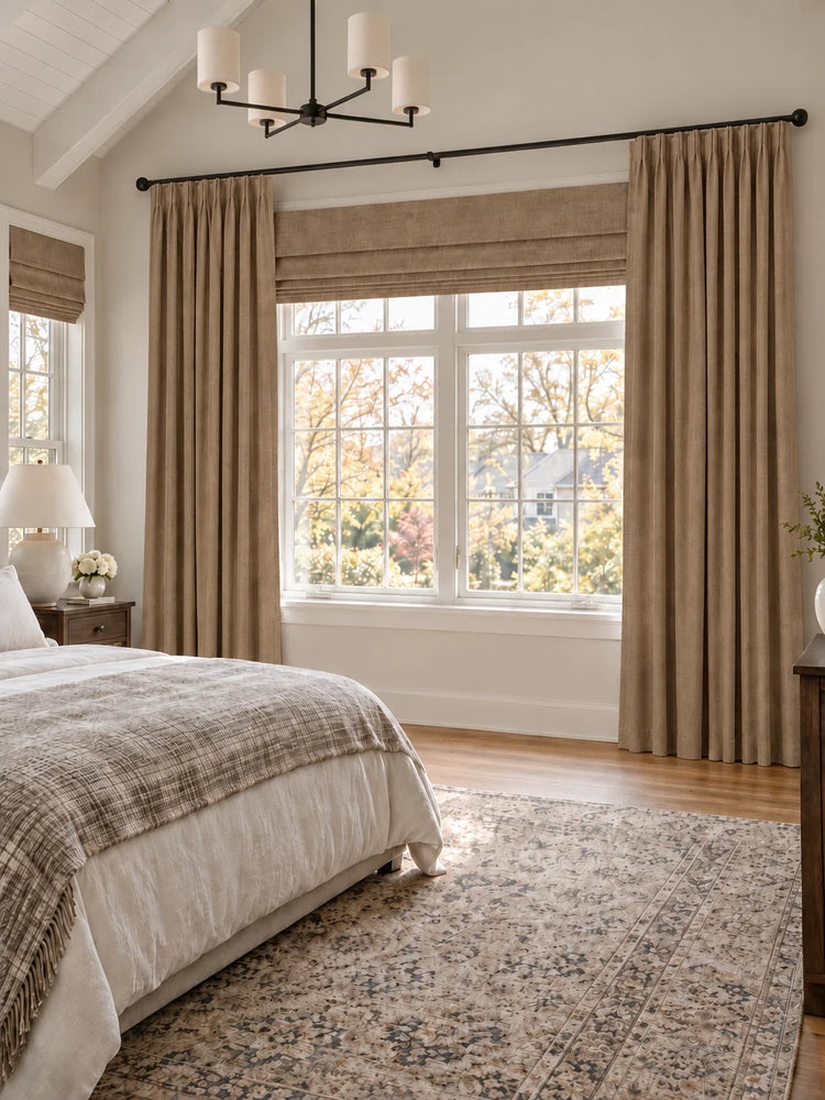 Victoria 4 Layers OEKO Heavyweight Soundproof Thermal 100% Blackout Linen Custom Curtain in Beige, open curtains.