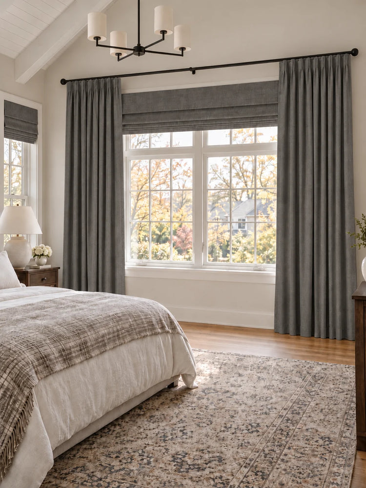 Victoria 4 Layers OEKO Heavyweight Soundproof Thermal 100% Blackout Linen Custom Curtain in Blue Grey, open curtains.