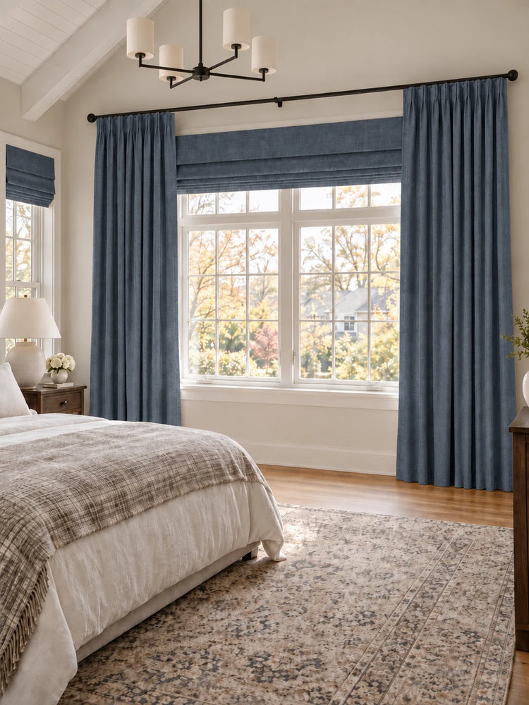 Victoria 4 Layers OEKO Heavyweight Soundproof Thermal 100% Blackout Linen Custom Curtain in Blue, open curtains.