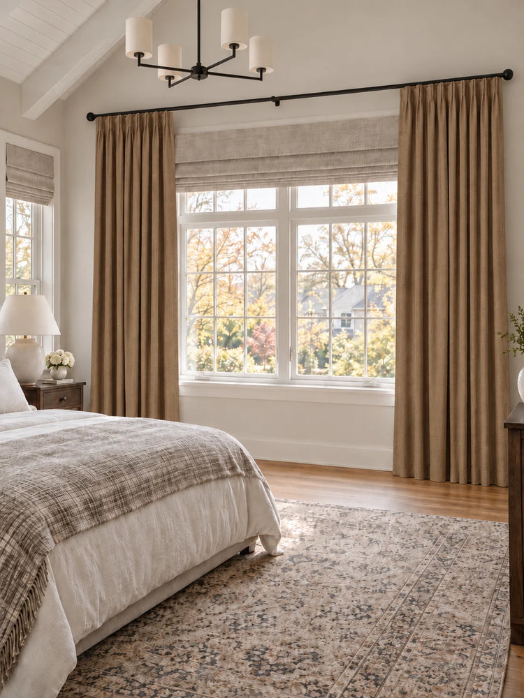 Victoria 4 Layers OEKO Heavyweight Soundproof Thermal 100% Blackout Linen Custom Curtain in Hazelnut, open curtains.