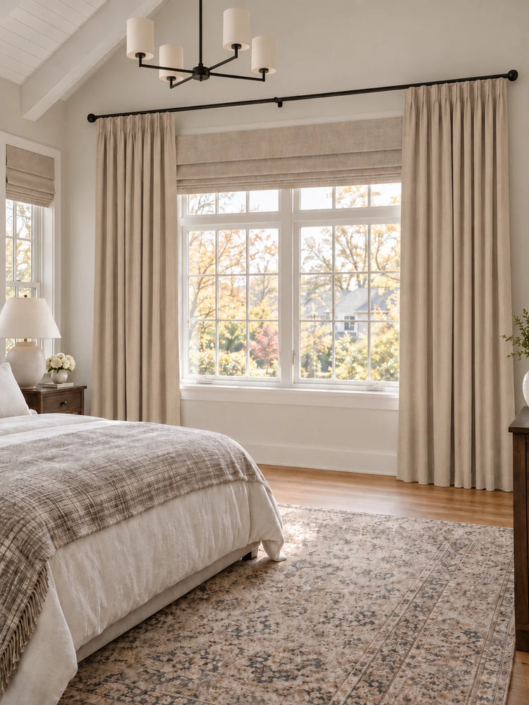 Victoria 4 Layers OEKO Heavyweight Soundproof Thermal 100% Blackout Linen Custom Curtain in Ivory, open curtains.