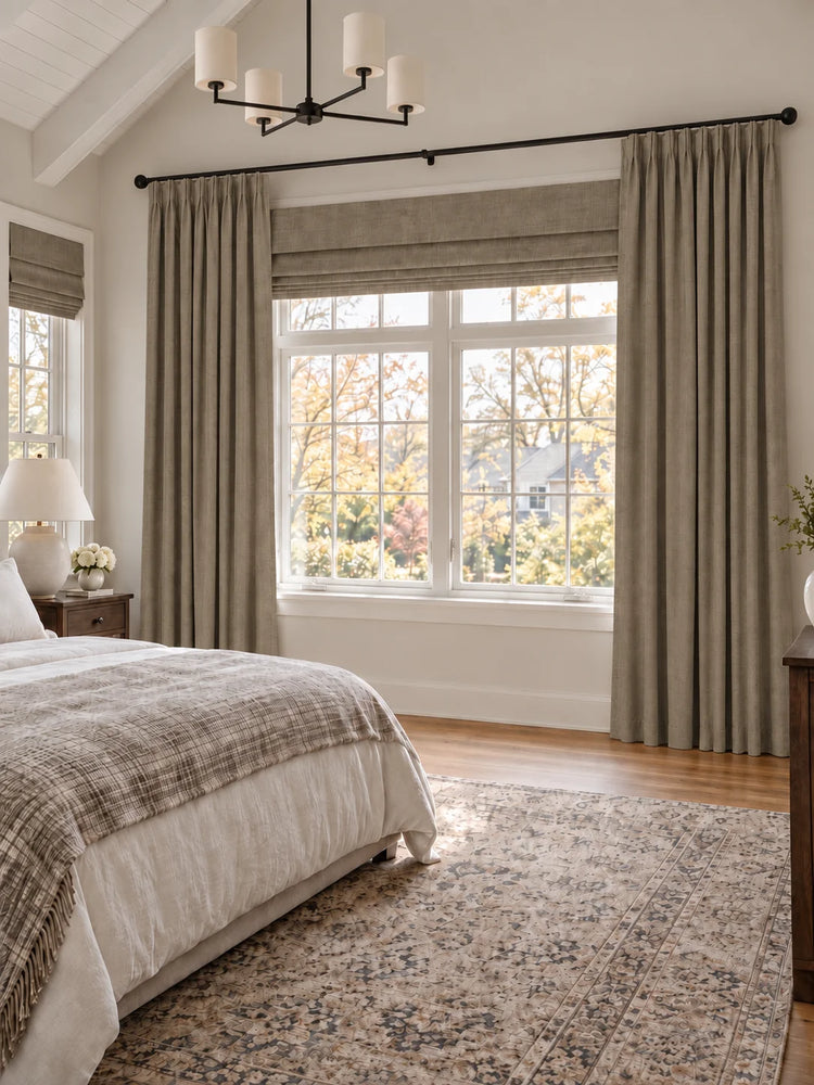 Victoria 4 Layers OEKO Heavyweight Soundproof Thermal 100% Blackout Linen Custom Curtain in Moss, open curtains.