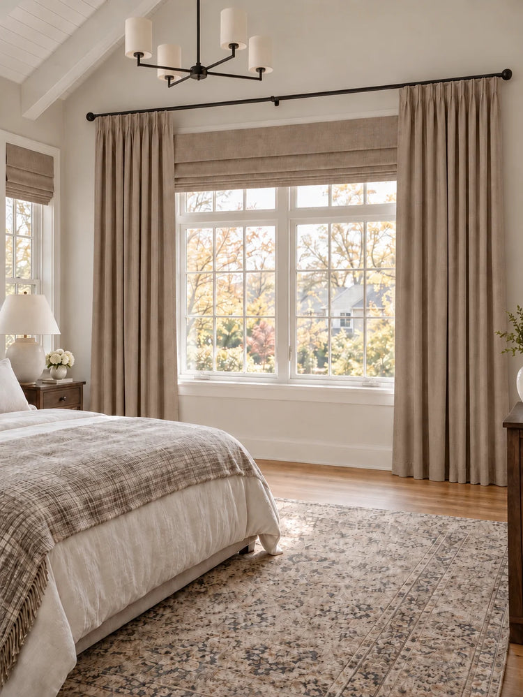 Victoria 4 Layers OEKO Heavyweight Soundproof Thermal 100% Blackout Linen Custom Curtain in Oat, open curtains.