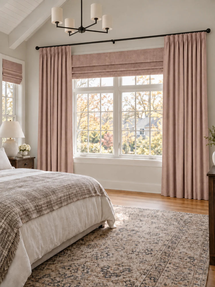 Victoria 4 Layers OEKO Heavyweight Soundproof Thermal 100% Blackout Linen Custom Curtain in Pink, open curtains.