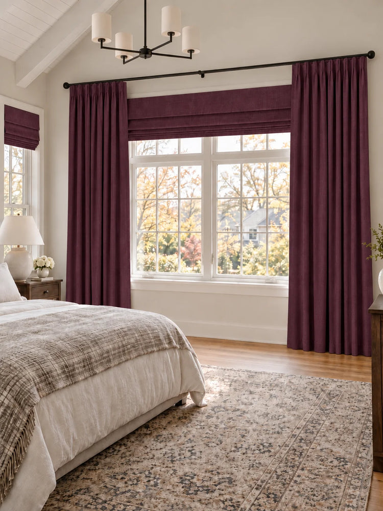 Victoria 4 Layers OEKO Heavyweight Soundproof Thermal 100% Blackout Linen Custom Curtain in Purple, open curtains.