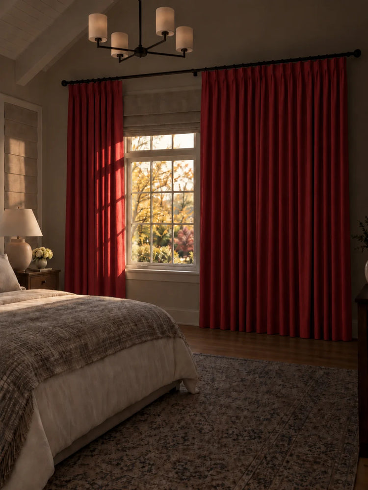 Victoria 4 Layers OEKO Heavyweight Soundproof Thermal 100% Blackout Linen Custom Curtain in Red, closed curtains.