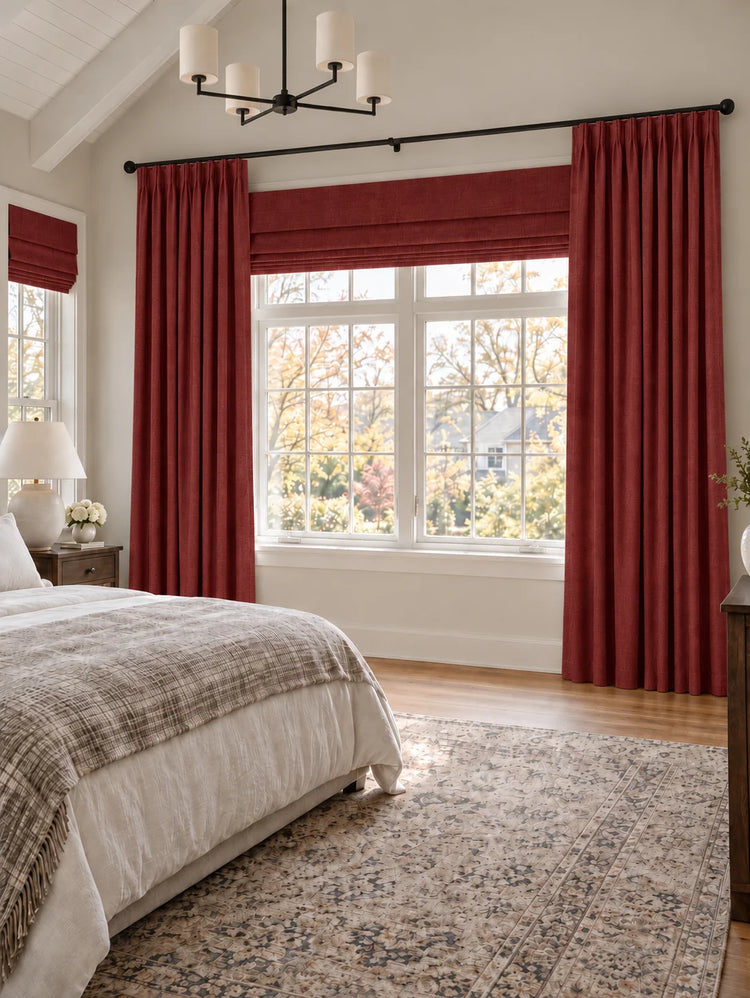 Victoria 4 Layers OEKO Heavyweight Soundproof Thermal 100% Blackout Linen Custom Curtain in Red, open curtains.