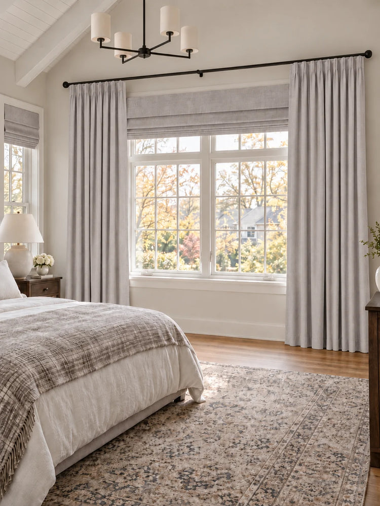 Victoria 4 Layers OEKO Heavyweight Soundproof Thermal 100% Blackout Linen Custom Curtain in Silver White, open curtains.