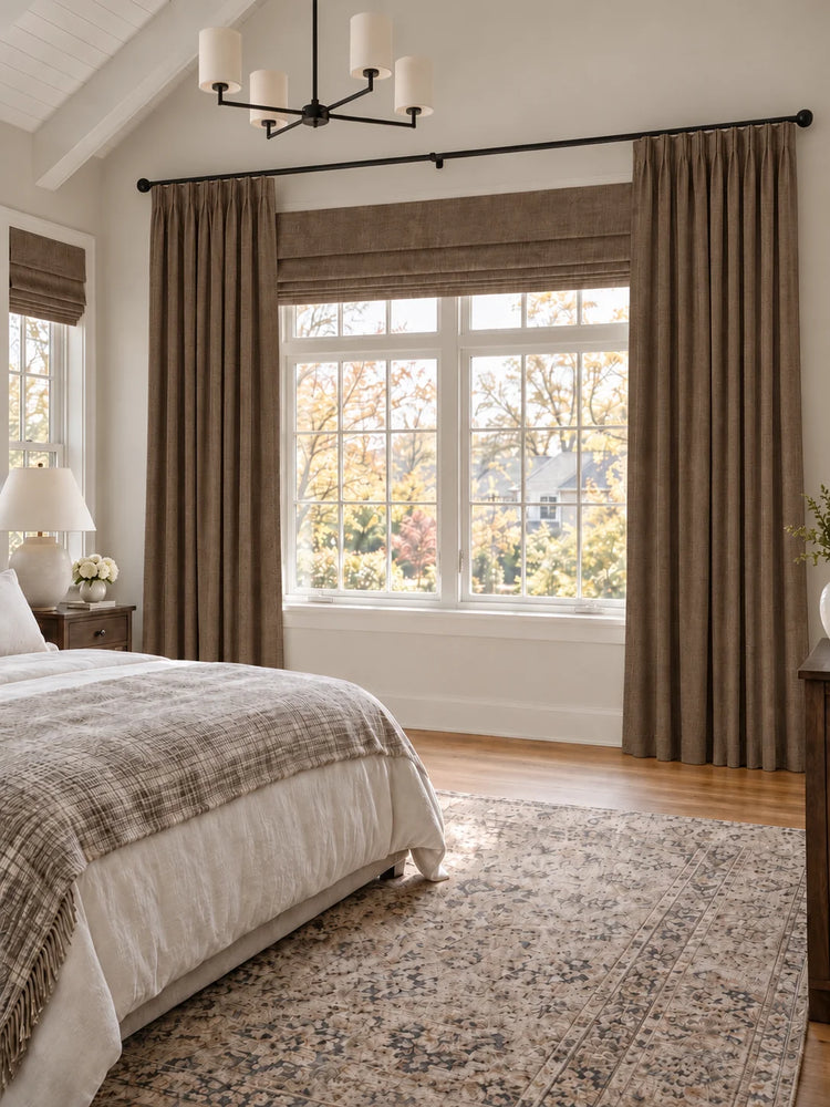 Victoria 4 Layers OEKO Heavyweight Soundproof Thermal 100% Blackout Linen Custom Curtain in Taupe, open curtains.
