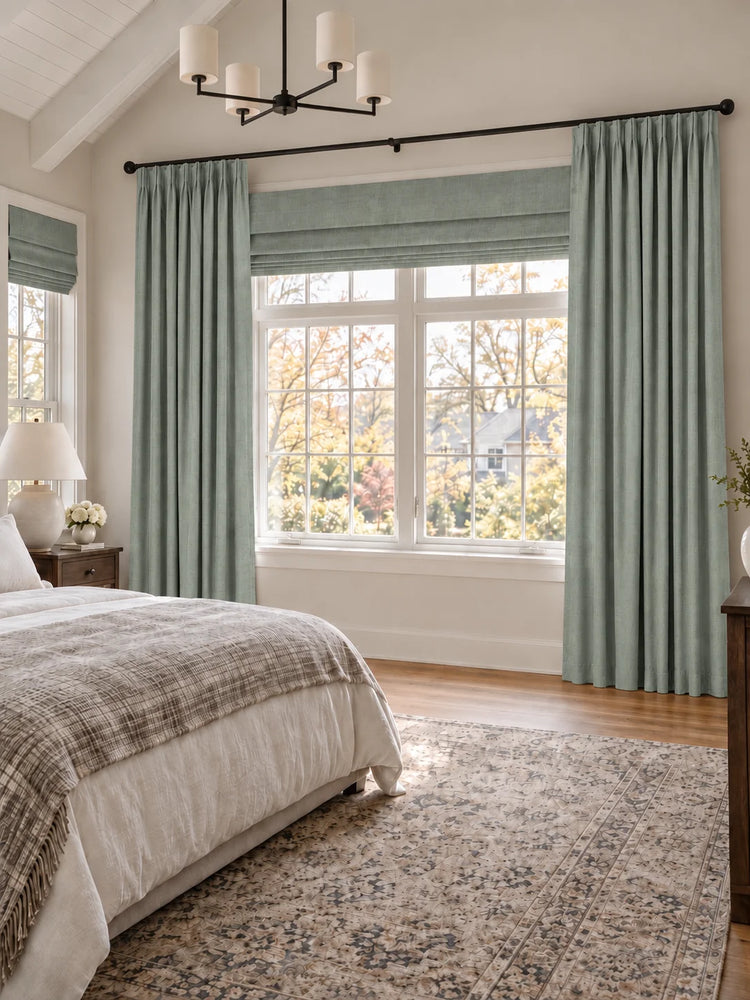 Victoria 4 Layers OEKO Heavyweight Soundproof Thermal 100% Blackout Linen Custom Curtain in Teal, open curtains.