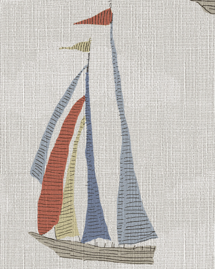 Close-up of Voyage patterned kid's custom curtain fabric, showing whimsical sailboats with red, yellow, blue sails on a woven texture.