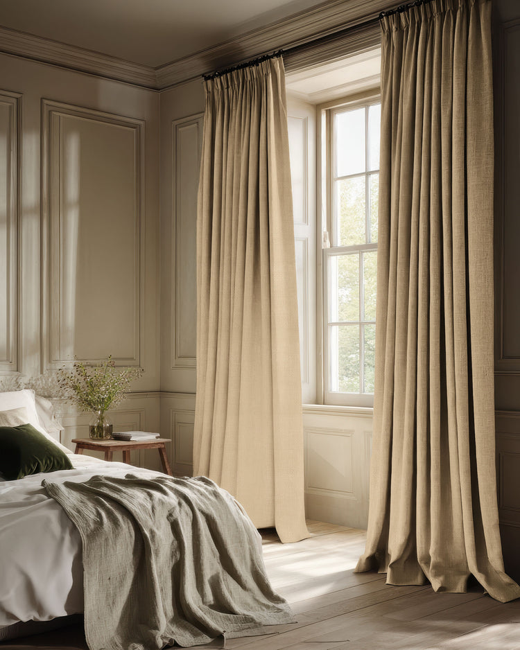 Rich textured beige linen look custom blackout curtains in a luxurious bedroom, offering full privacy and light control.