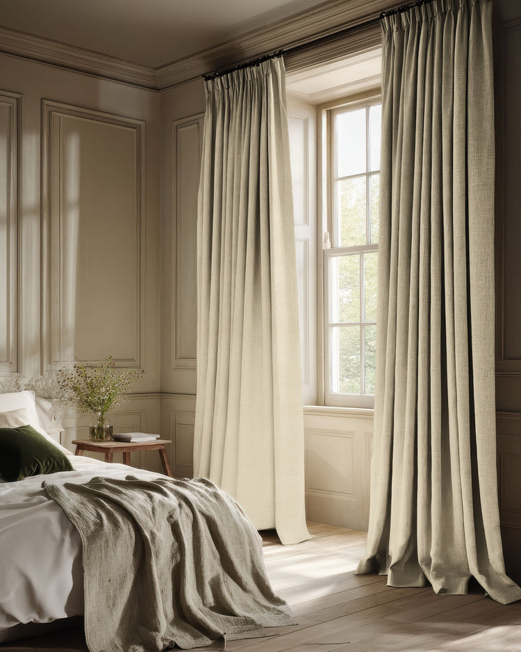 Voy 100% blackout linen look custom curtains in a light beige, tailored for a bedroom window, ensuring privacy & light control.